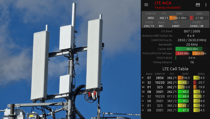 Image showing cell site, side by side with screenshot of NSG showing EARFCN 10220