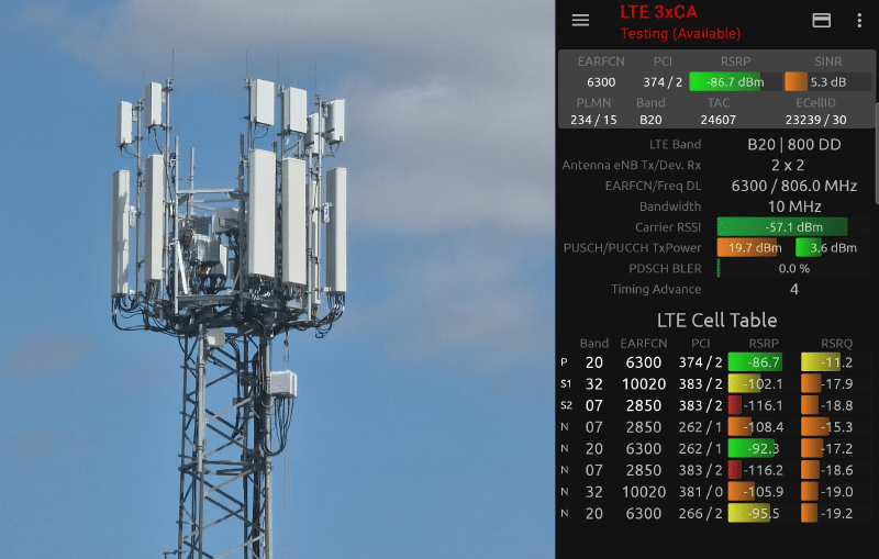 Image showing cell site, side by side with screenshot of NSG showing EARFCN 10020