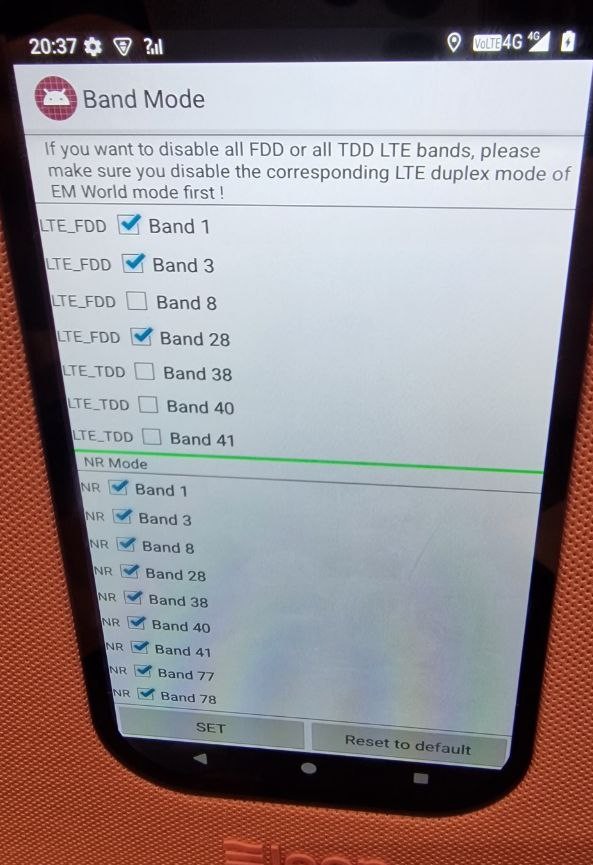 Screenshot of MediaTek Engineering Mode Band Selection activity