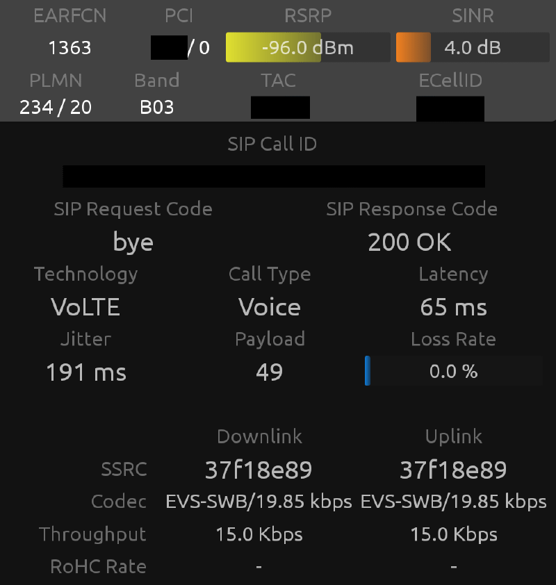Screenshot of NSG showing EVS-SWB/19.85kbps call between two loop devices