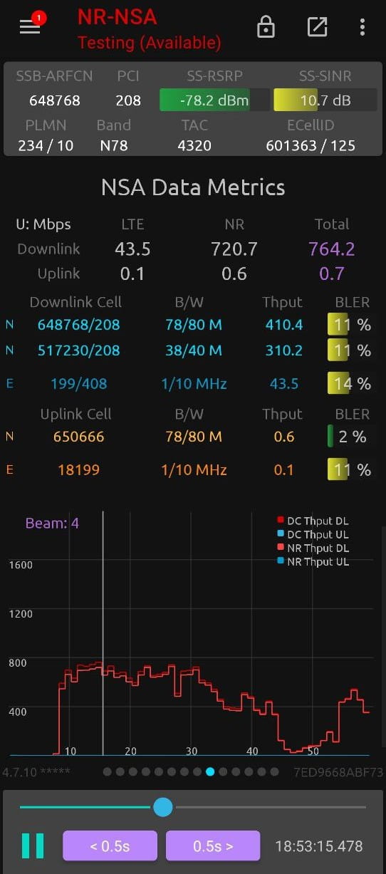 NSG screenshot showing n78 and n38 NR-CA on 5G NSA with peak speeds of 764Mbps in total