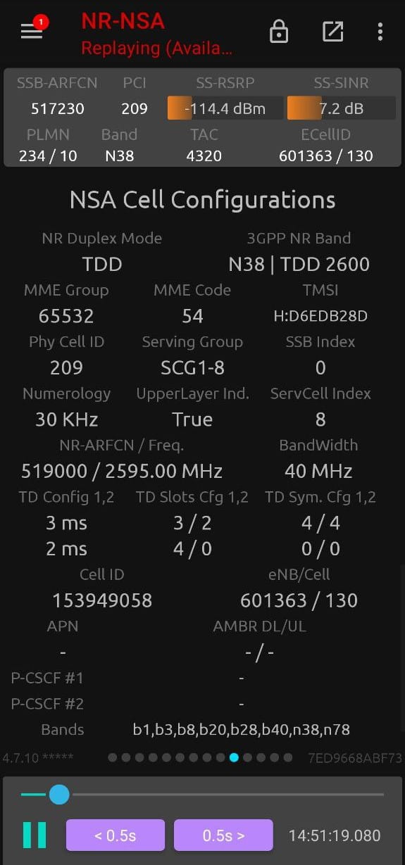 NSG screenshot showing 5G TDD config for O2 n38