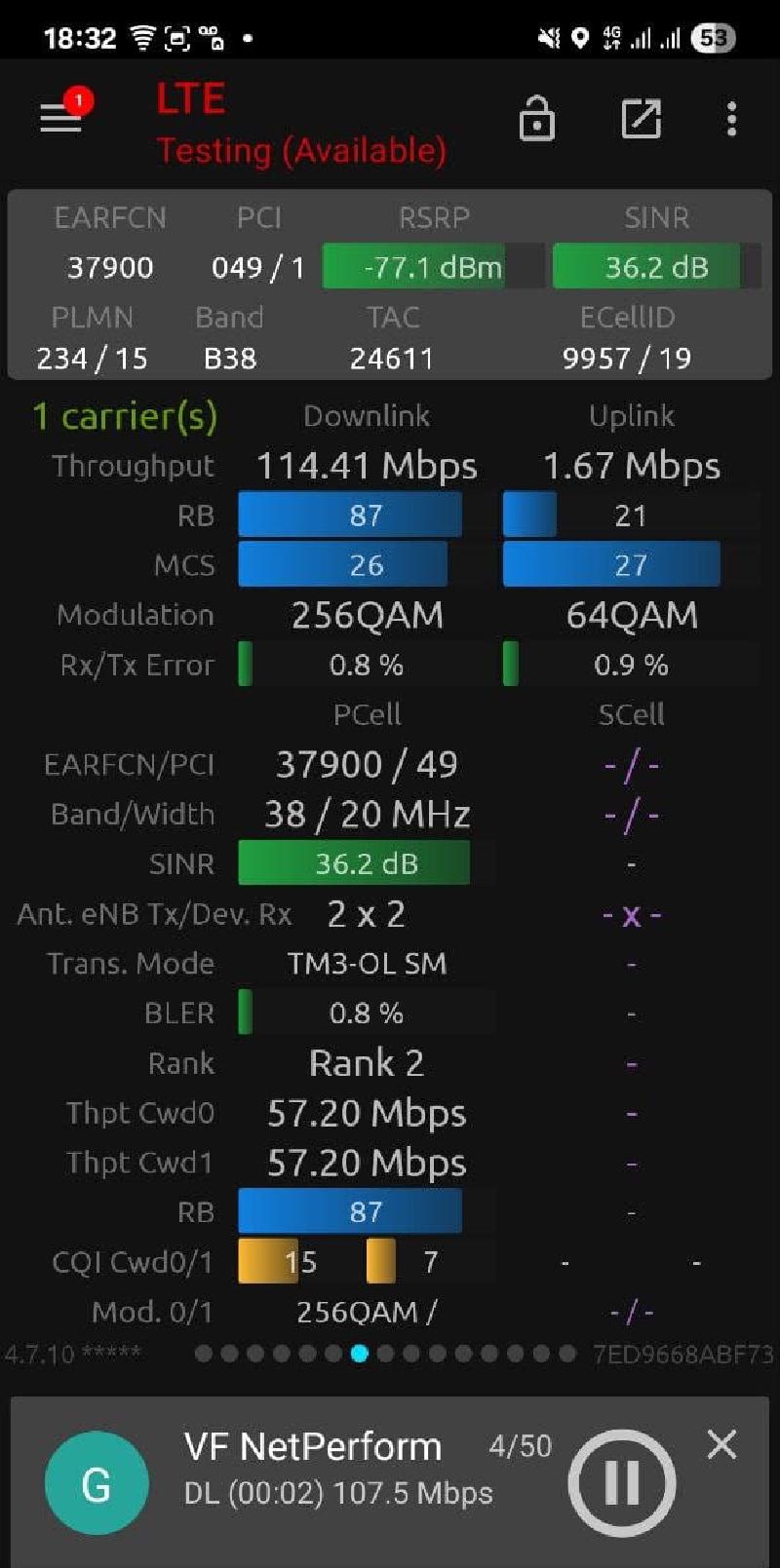 NSG Screenshot showing EARFCN 37900 testing on Vodafone UK, 114Mbps downlink test